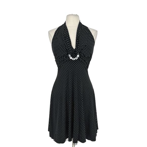 Y2K My Mitchel Halter Babydoll Dress Size S Polka Dot Pinup Coquette Rhinestone - Picture 1 of 11